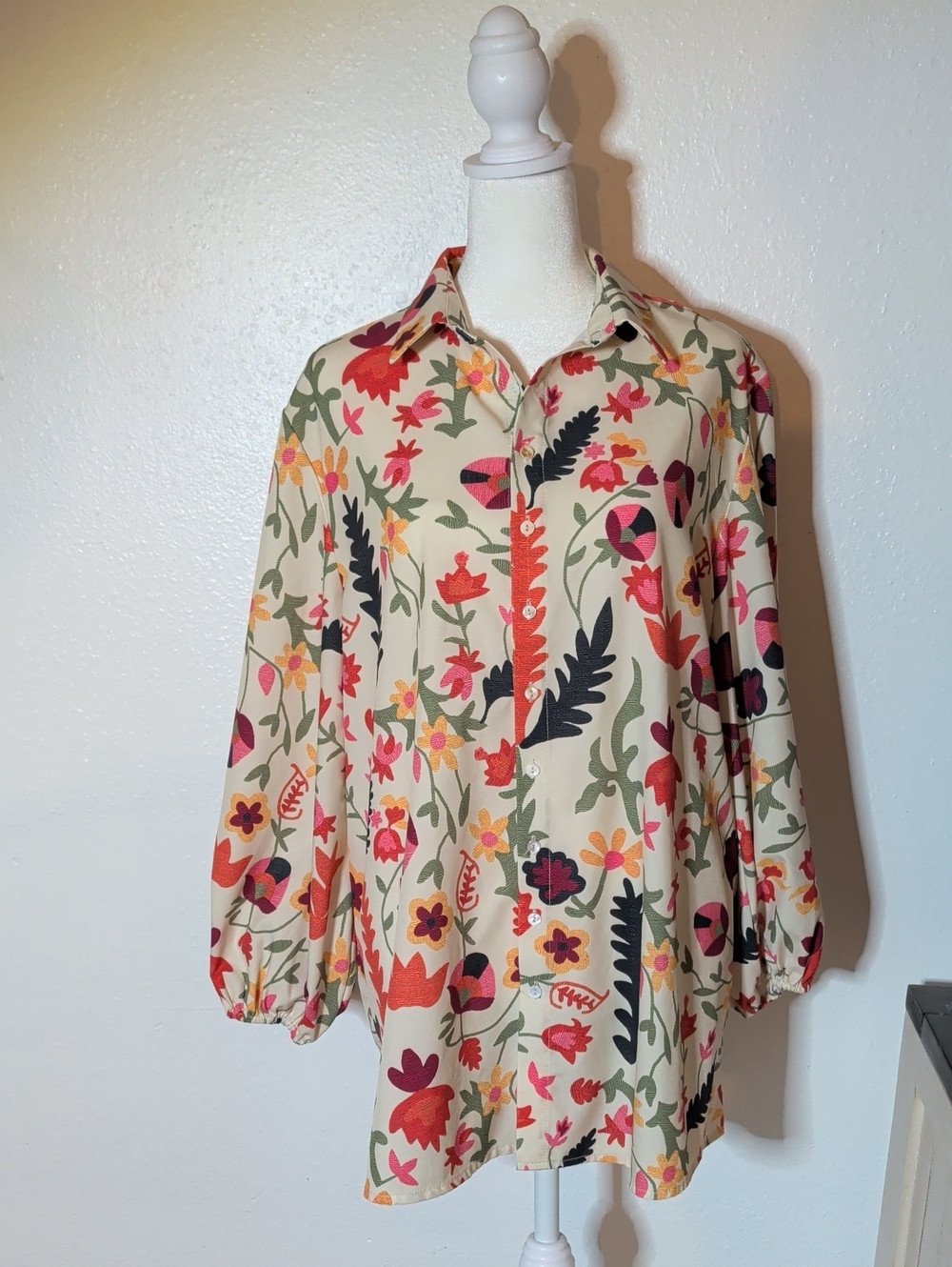 Floral Button-Down Shirt in Cream with Coral & Green Print